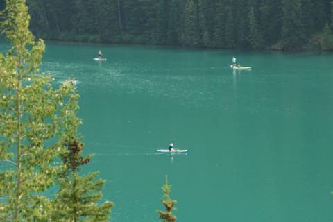       Paddle boarders and kayakers glide across a turquoise alpine lake surrounded by dense evergreen trees.
  