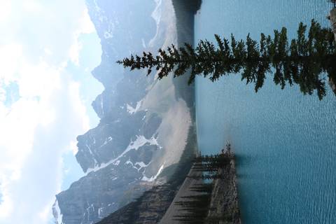       Iconic glacial lake with teal water, steep peaks, and a lone evergreen rising in the foreground.
  