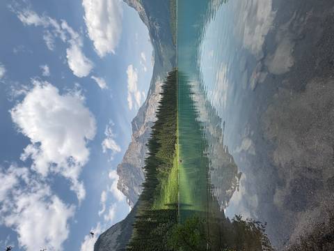       Crystal-clear alpine lake mirroring green forests and towering rocky peaks under a bright sky.
  