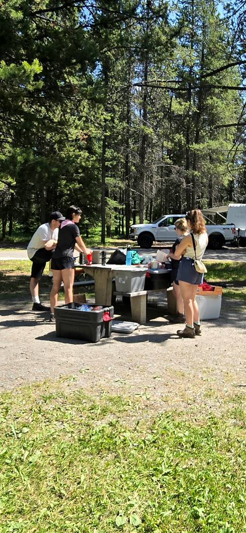       Campers prepare food on a picnic table surrounded by camping gear and forest.
  