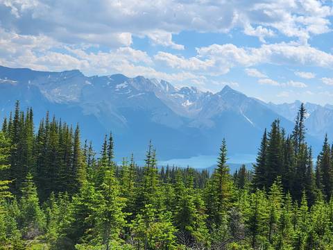       Panoramic alpine view of jagged peaks above turquoise lake and dense conifer forest.
  