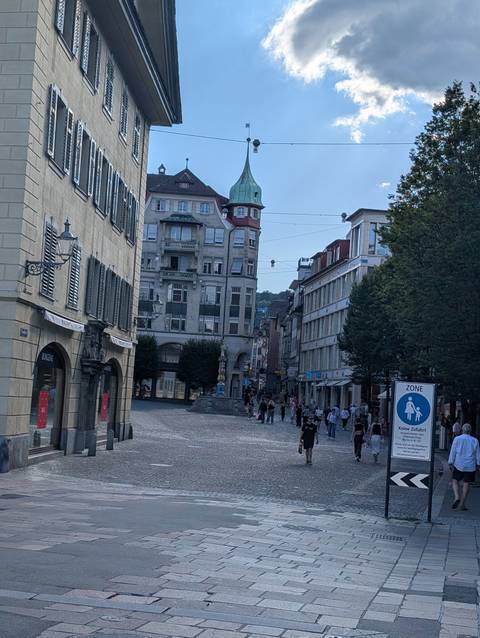       Cobblestone pedestrian street lined with historic European buildings and shoppers
  