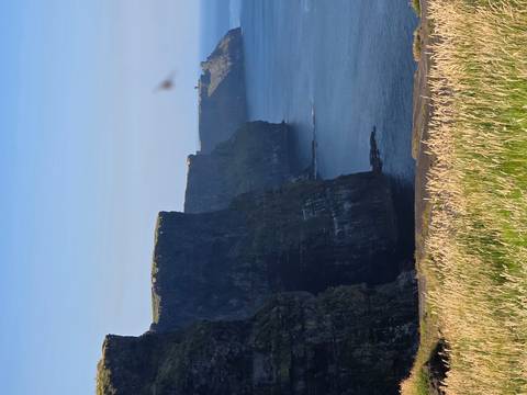       Dramatic sheer cliffs dropping into the Atlantic Ocean under clear blue sky
  