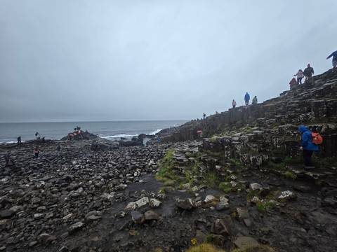       Wide basalt boulder field leading to the sea with visitors exploring the Giant’s Causeway.
  