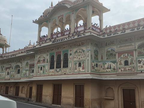       Exquisitely painted facade of Jaipur City Palace with numerous pigeons perched on arches.
  
