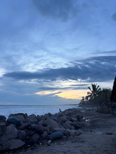       Dramatic evening clouds hover over crashing surf and silhouetted palms on a tropical beach.
  