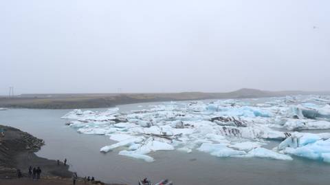       Wide view of icebergs floating in Jokulsarlon glacial lagoon under grey sky.
  