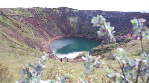       Blurry foreground leaves frame Kerid volcanic crater lake with red slopes in Iceland.
  