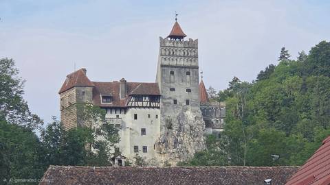       Front view of Bran Castle rising above leafy forest, photographed from below the tiled village rooftops.
  