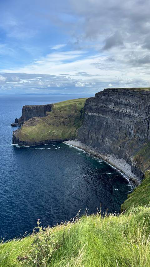       High viewpoint of sheer coastal cliffs meeting deep blue sea with grassy plateau above.
  