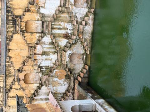       Ancient stepwell with mossy stone steps descending to green water surface.
  