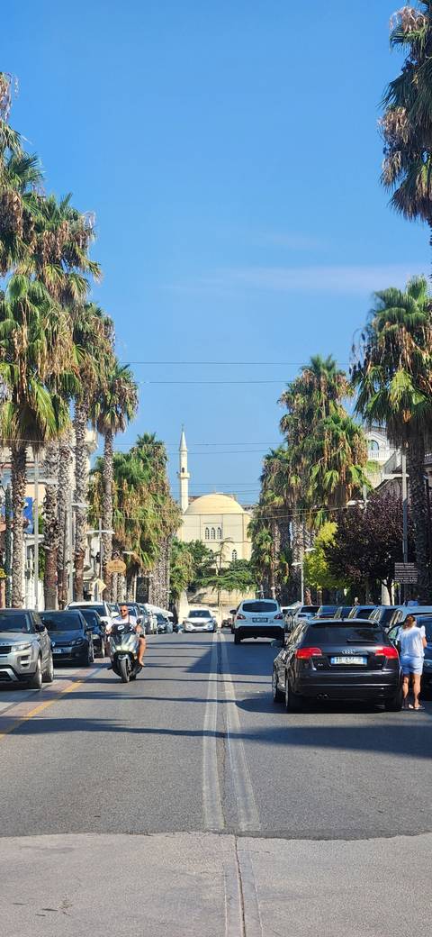       Palm-lined boulevard framing a yellow-domed mosque and slender minaret against a clear blue sky.
  