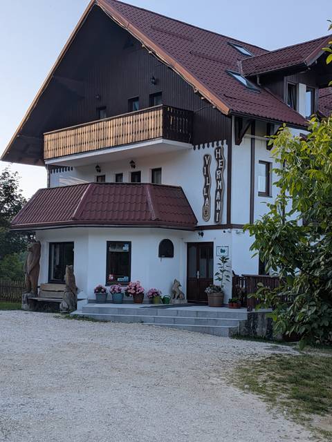       Chalet-style villa with wooden balcony, carved animal statues, and flower pots at the entrance.
  