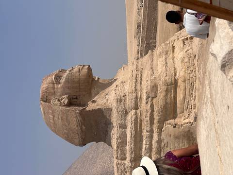       Side view of the Great Sphinx of Giza under a clear blue sky.
  