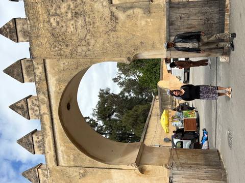       Traveller stands beneath a historic stone arch while locals pass through a busy Moroccan gateway.
  