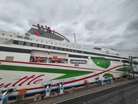       Large Tallink Shuttle ferry docked at port, its white hull painted with green and red graphics.
  