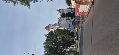       White Orthodox-style church with red domes set beside leafy trees on a sunny city street.
  