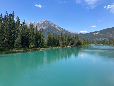       Turquoise river winding through pine forests with rugged Rocky Mountain peaks under clear blue sky.
  