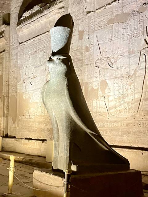       Illuminated Horus falcon statue against hieroglyph-covered temple walls at night.
  