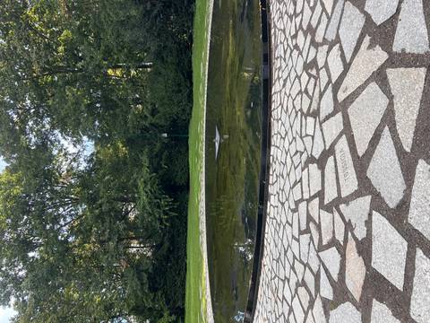       Small reflecting pond within a paved geometric plaza bordered by dense greenery.
  