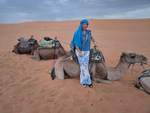       Woman dressed in blue turban sits beside resting camels on desert sand.
  