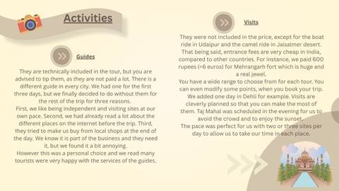       Slide detailing activities, guides and visits with dense beige text background
  