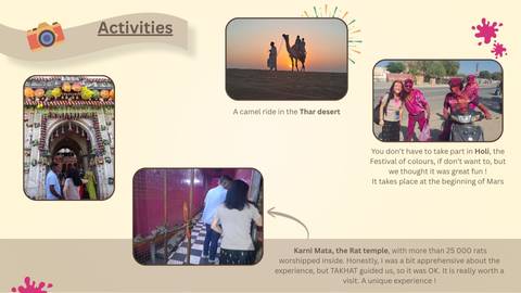      Collage slide showing camel ride, Holi festival, temple interior and other activities with descriptive text.
  
