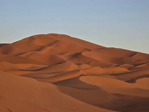       Soft evening light paints rolling Sahara dunes in deep orange tones, their ridges forming graceful curves.
  