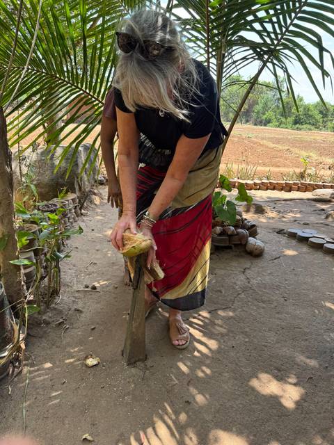       Traveler in a patterned sarong splits a fresh coconut with a machete in an outdoor rural setting.
  
