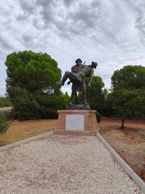       Bronze statue of a World War I Turkish soldier carrying a wounded comrade stands among pine trees.
  