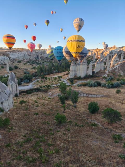       Colorful hot-air balloons drift above dramatic fairy chimneys and valley at early morning light.
  
