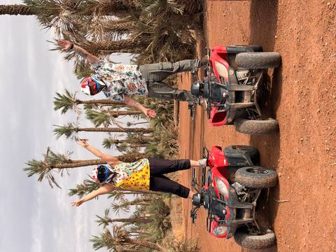      Two riders stand triumphantly on quad bikes among tall palms in a dusty red desert oasis.
  