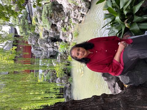      Woman sitting beside a tranquil pond with rockeries and willow branches in a classical Chinese garden
  