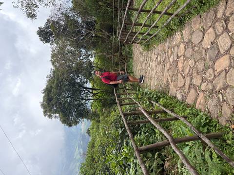       Man posing on a stone pathway through lush greenery with cloud-covered hills in the background.
  