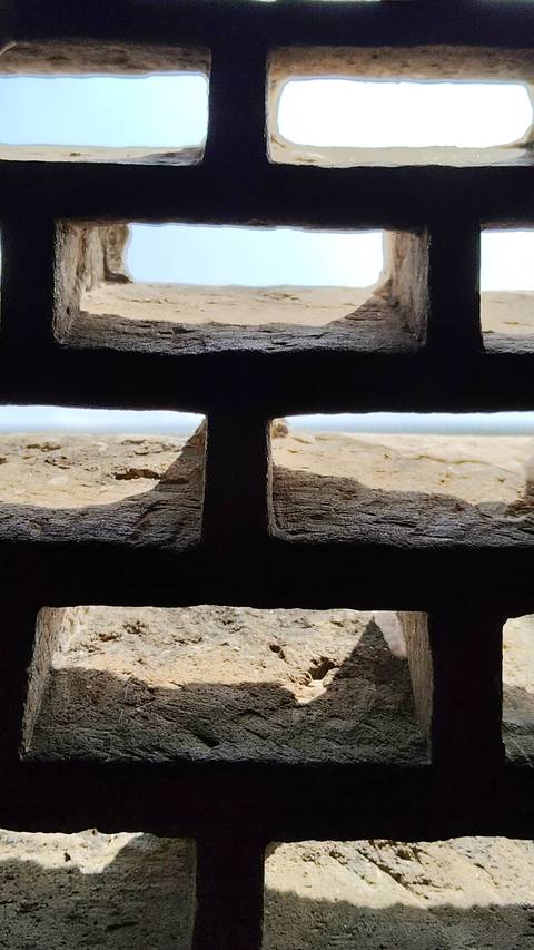       Abstract close-up view through a rough wooden lattice with bright light beyond.
  