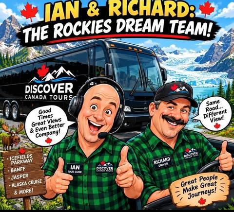       Cartoon illustration of tour bus with animated guides, slogans and Canadian mountain backdrop.
  