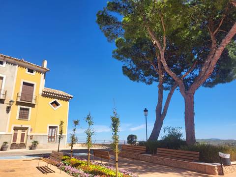       Yellow country house and tall pine trees against a clear blue Murcia sky with distant hills.
  
