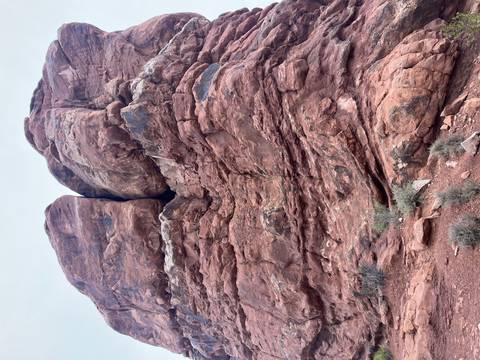       Close-up of towering reddish sandstone cliff with cracks and ledges
  
