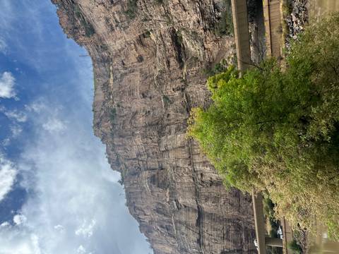       Steep rocky cliff face rising above green tree under partly cloudy sky
  