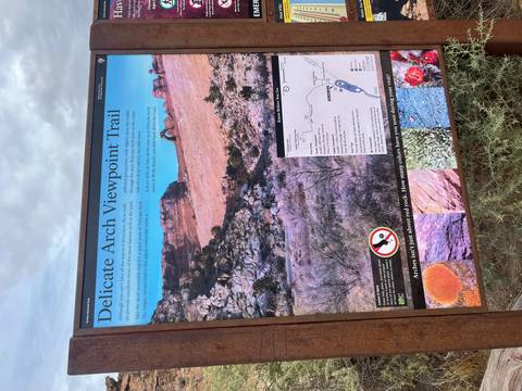       Interpretive panel with trail map for Delicate Arch Viewpoint against a rocky background.
  