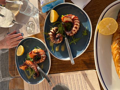       Plates of grilled octopus with lemon wedges and greens served al fresco in warm evening light
  