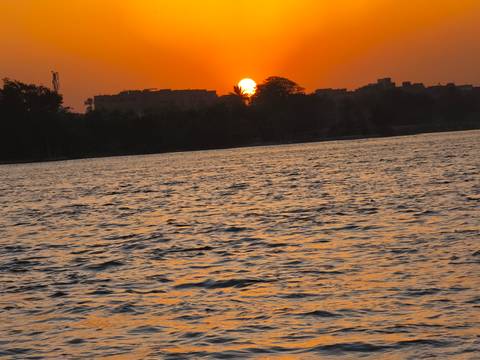       Fiery orange sun sets beyond a silhouette of riverside trees reflecting on rippling water.
  