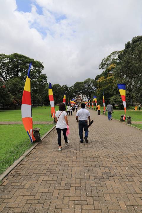       Visitors walk along a flag-lined path toward a temple complex on a cloudy day.
  