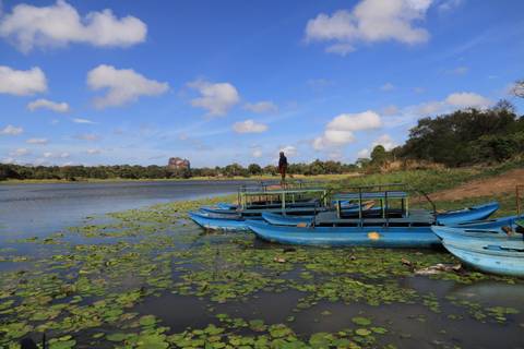       Blue paddle boats float on a lily-covered lake with Sigiriya Rock rising in the distance.
  