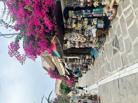       Street of market stalls beneath vibrant pink bougainvillea selling crafts and souvenirs.
  