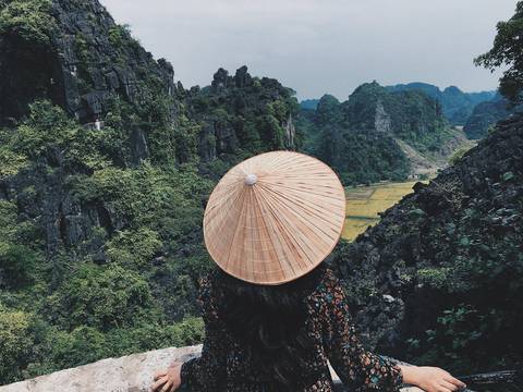       A traveler wearing a conical hat looks out over lush limestone karst formations and rice fields.
  