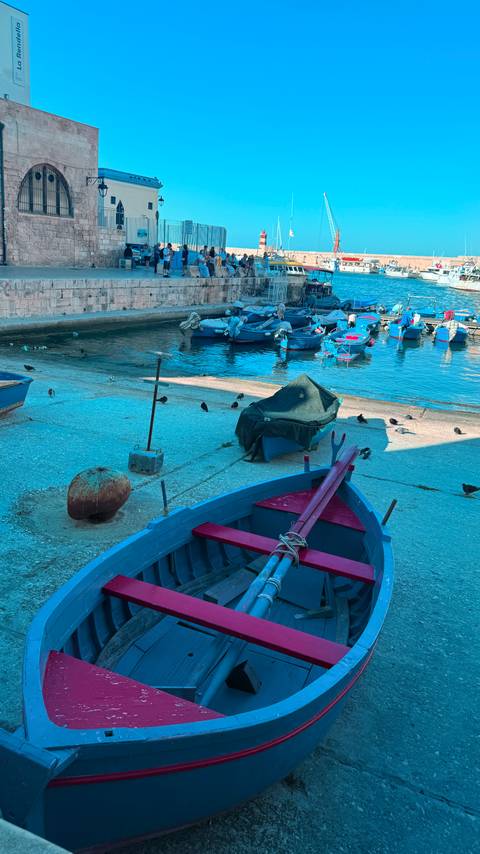       Close-up of colorful small boats and fishing gear along a concrete harbor ramp.
  