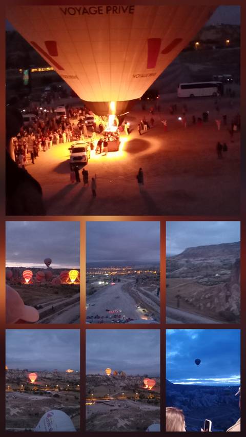       Collage of low-light images featuring hot-air balloons preparing for flight over Cappadocia at dawn.
  