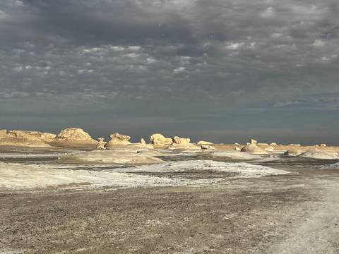      Flat desert plain dotted with pale chalk mounds beneath textured grey skies.
  