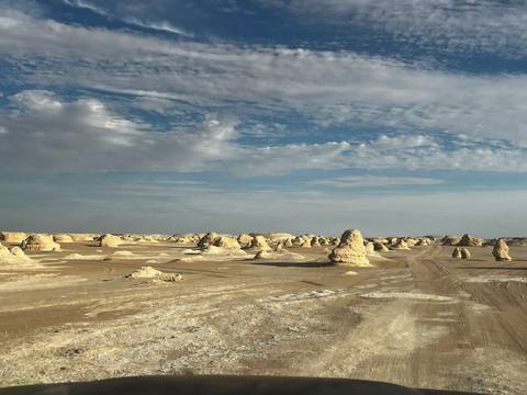       Expansive desert plain peppered with small chalk hoodoos under a textured blue sky.
  